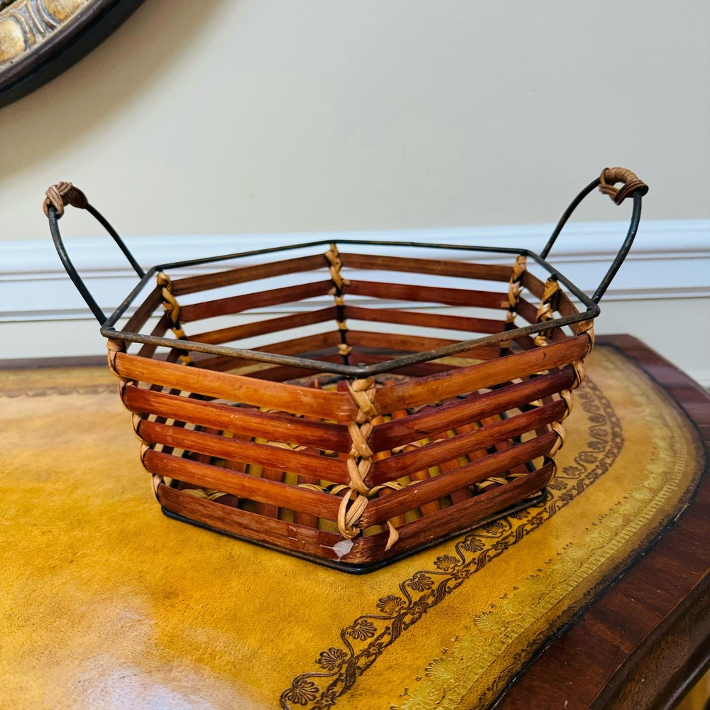 Wood & Wire Hexagon Rustic Boho Farmhouse Basket with Handles